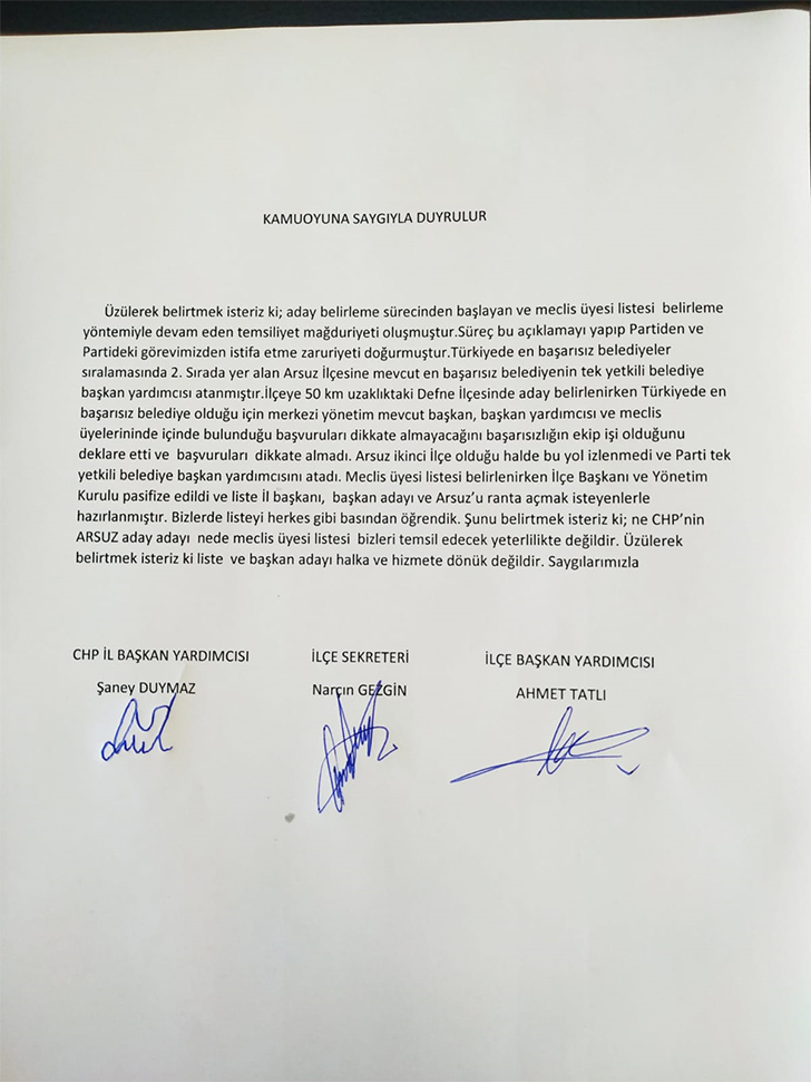 CHP Arsuz İlçe Örgütünde Meclis Listesi Krizi: İstifalar Geldi